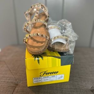 Forever brand, taupe leather sandals with gold studs, size 6